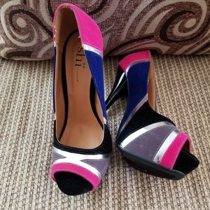 Blue, pink, silver and gray heels